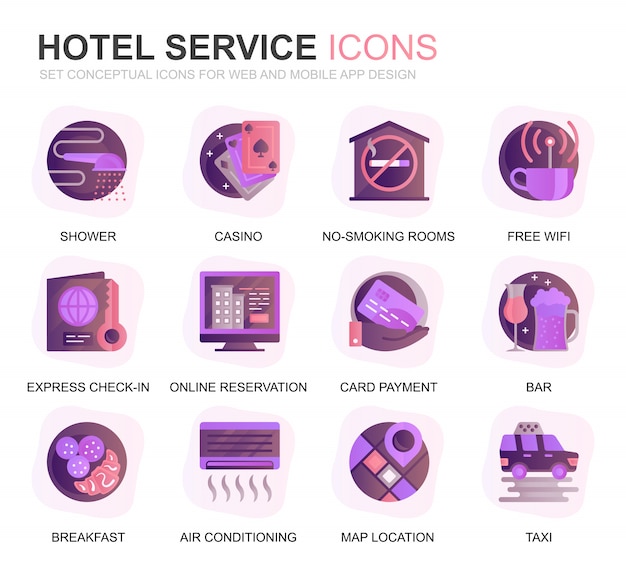 Modern set hotel services verloop platte pictogrammen Premium Vector