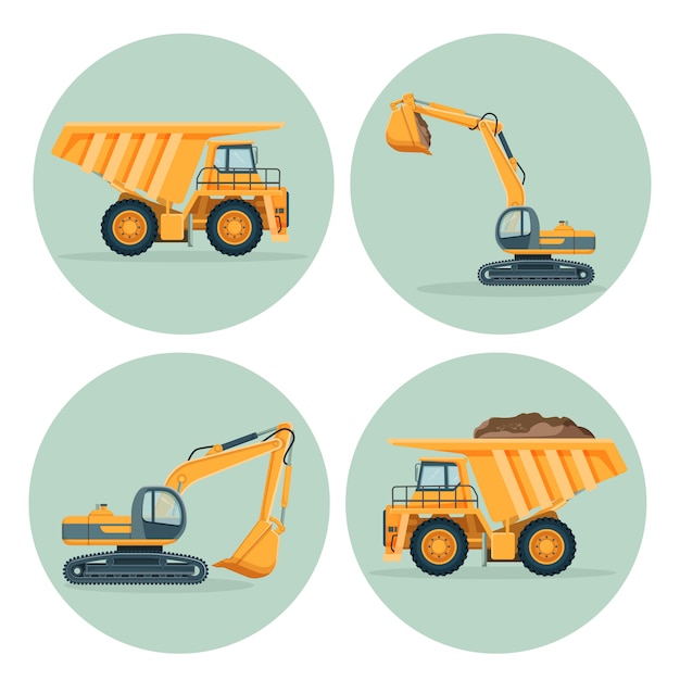 Moderne dump truck en functionele graafmachine emblemen set Premium Vector