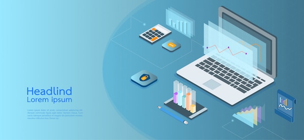 Moderne ontwerp isometrische concept bedrijf. computer, laptop, smartphone Premium Vector