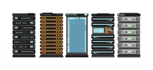 Moderne platte serverrekken. computerprocessorservers voor serverruimte. vector set geïsoleerd Premium Vector