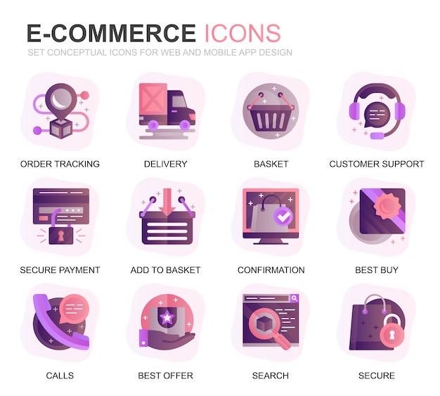 Moderne set e-commerce en winkelen gradiënt plat pictogrammen Premium Vector