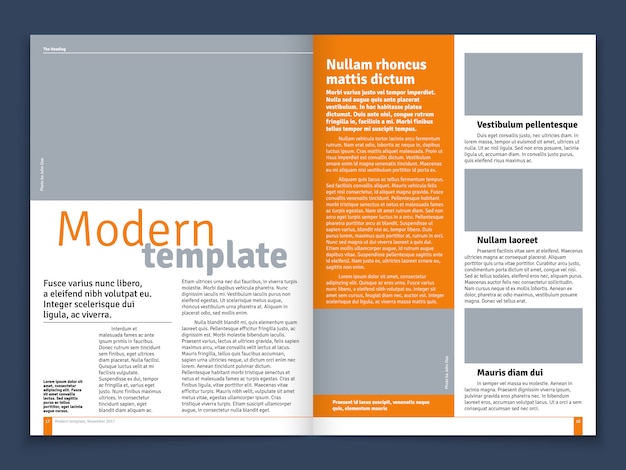 Moderne tijdschrift of kranten vectorlay-out met tekst modulaire bouw en beeldplaatsen Premium Vector