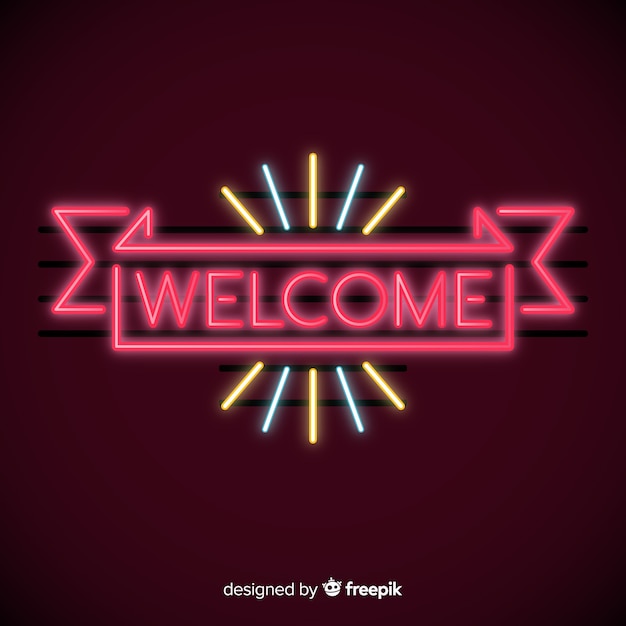 Moderne welkomsttekenpost met neonlichtstijl Gratis Vector