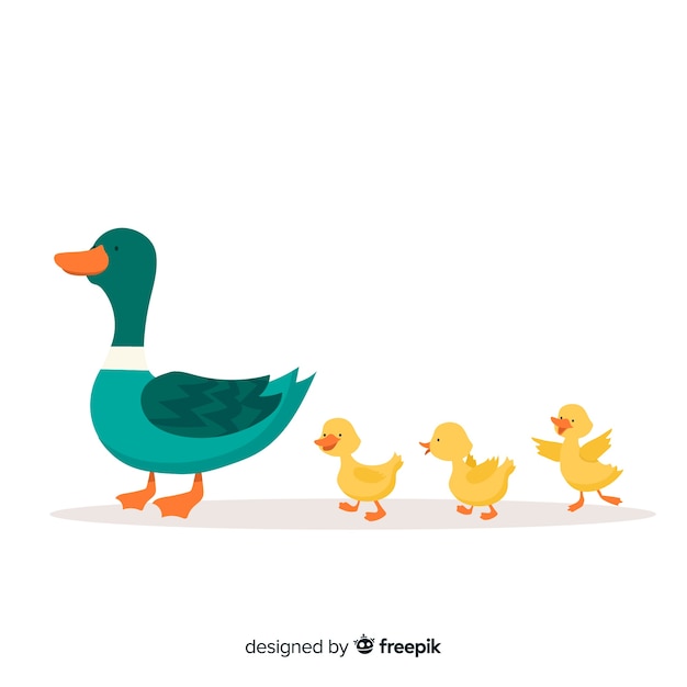 Moeder eend toonaangevende eendjes plat ontwerp Gratis Vector