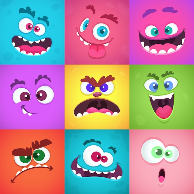 Monsters emoties. enge gezichten maskers met mond en ogen van emoticons set van buitenaardse monsters Premium Vector
