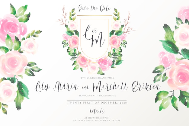 Mooi trouwembleem met zachte bloemen Gratis Vector