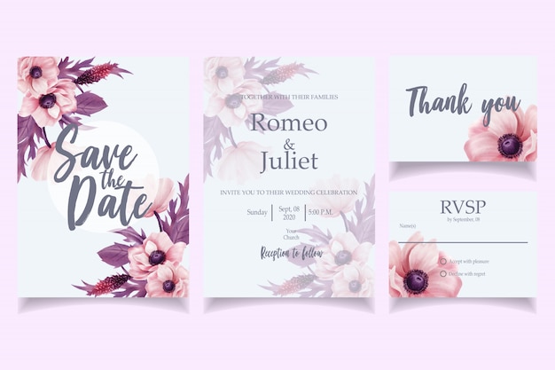 Mooie aquarel bruiloft uitnodiging kaartsjabloon roze Premium Vector