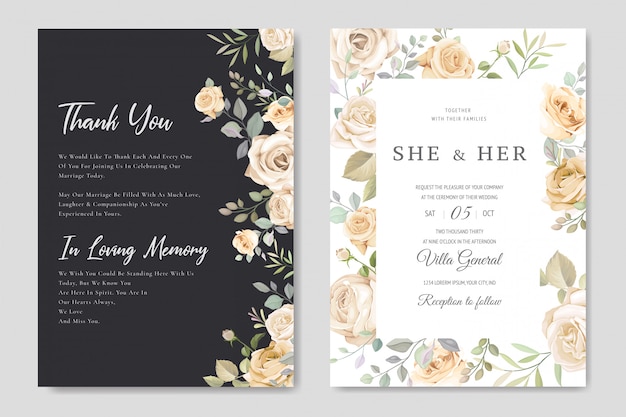 Mooie bloemen frame bruiloft uitnodiging kaartsjabloon Premium Vector