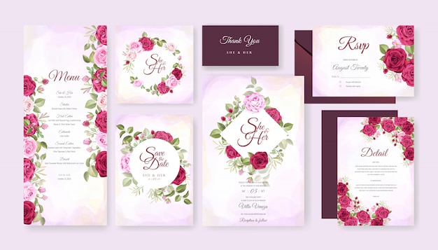 Mooie bruiloft kaart met bloemen en bladeren achtergrond sjabloon Premium Vector