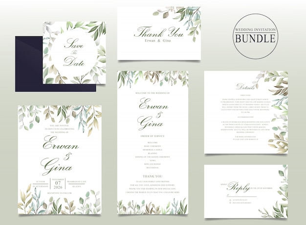 Mooie bruiloft uitnodigingskaart bundel met aquarel bladeren Premium Vector