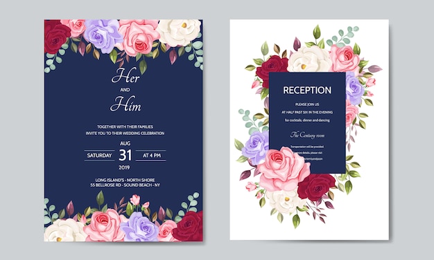 Mooie bruiloft uitnodigingskaartsjabloon met bloemenbladeren Premium Vector