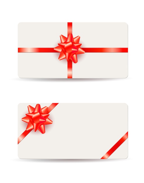 Mooie cadeaubonnen met rode bogen en linten geïsoleerd op wit Premium Vector