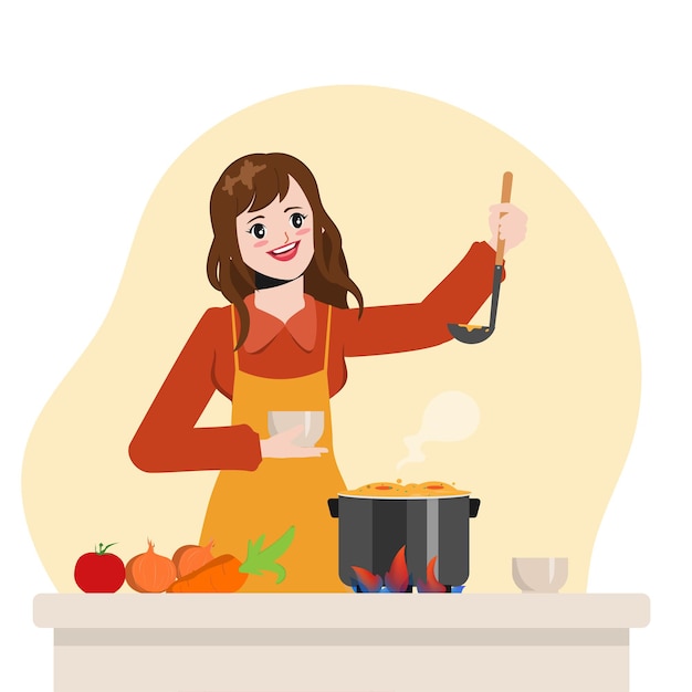 Mooie huisvrouw kookt in de keuken illustratie vector cartoon animatie