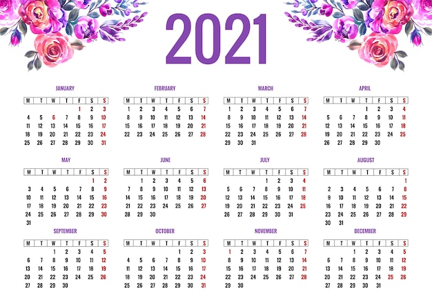 Mooie kalender 2021 voor kleurrijk bloemdessin | Gratis Vector