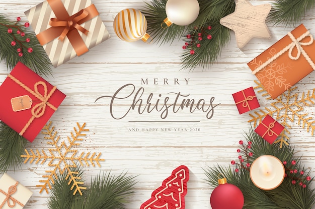Mooie kerst achtergrond met presenteert en ornamenten Gratis Vector