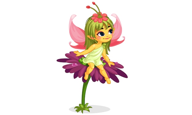 Mooie kleine bloem fee zittend op de bloem Premium Vector