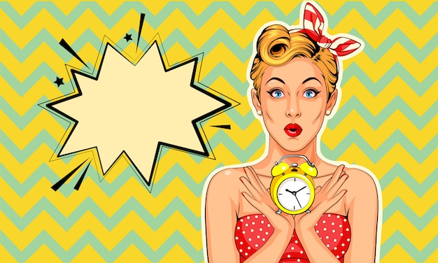 Mooie pin-up model met wekker in pop-art stijl Premium Vector