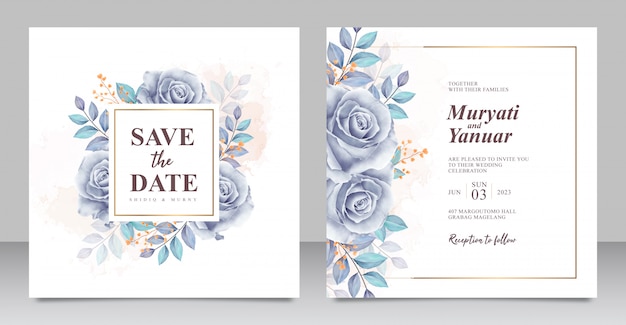 Mooie rozen blauwe aquarel bruiloft uitnodiging kaartsjabloon Premium Vector