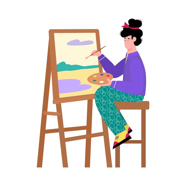 Edele Subjectief Doorbraak Mooie schilder kunstenaar vrouw zit op ezel en schilderen op canvas,  cartoon geïsoleerd op een witte achtergrond. creatieve hobby en interesses  van mensen. | Premium Vector