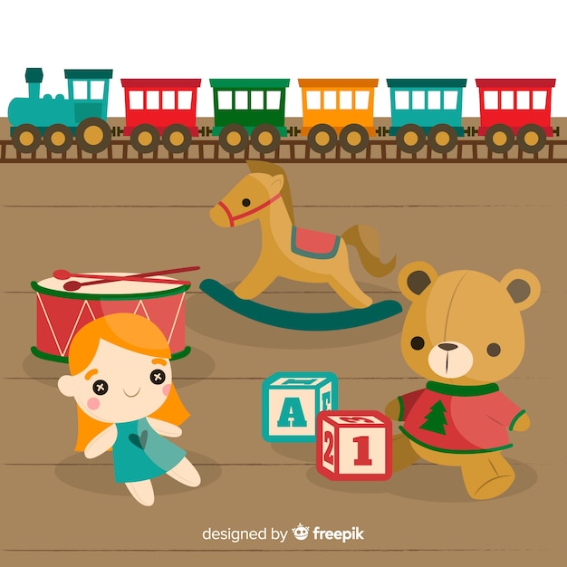Mooie speelgoedsamenstelling met vlak ontwerp Gratis Vector