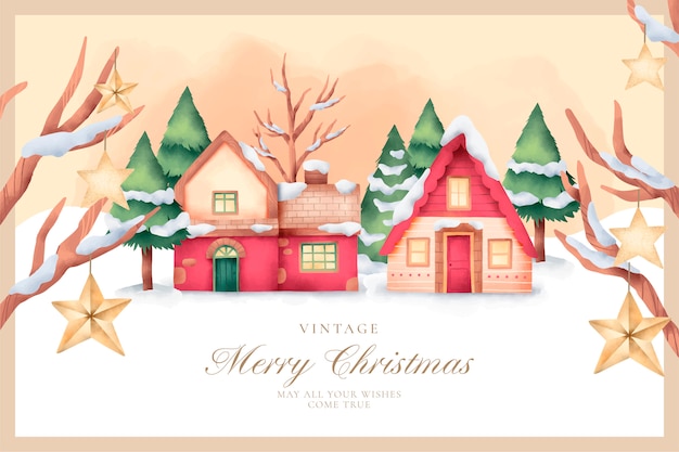 Mooie vintage kerstkaart in aquarel stijl Gratis Vector