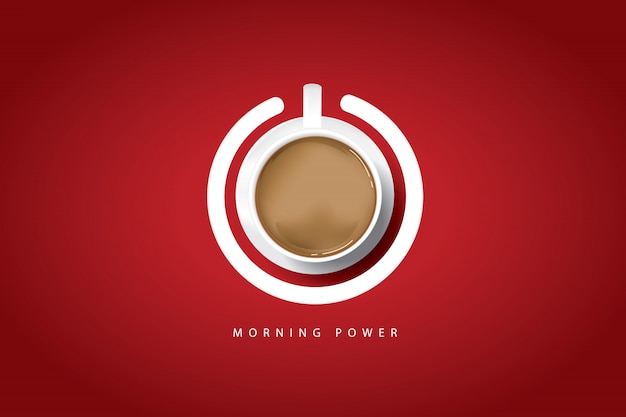 Morning power. koffieaffiche met koffiekopje en power-knop Premium Vector