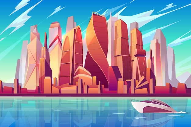 Moskou stad skyline cartoon panoramische achtergrond met internationale business-centrum Gratis Vector