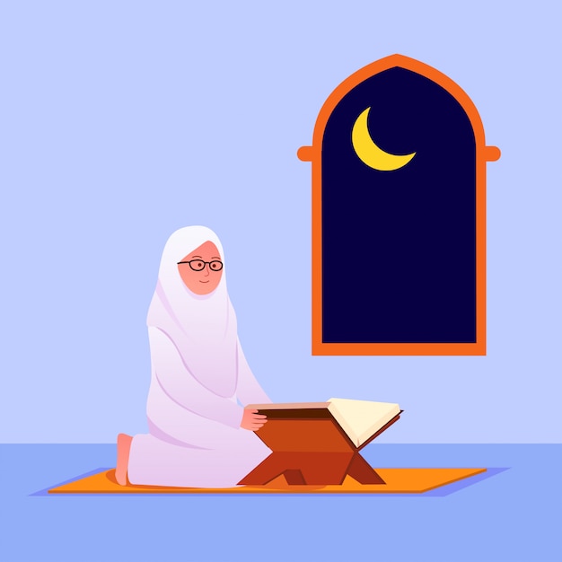 Moslimvrouw die koraal islamitisch heilig boek leest Premium Vector