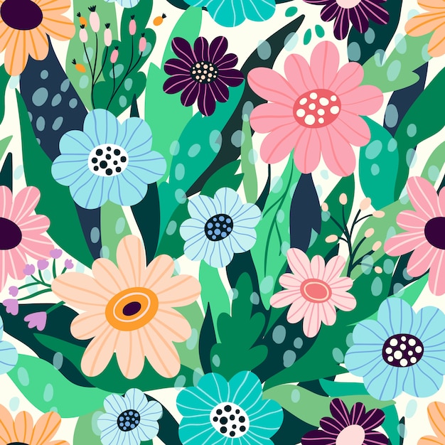 Naadloos bloemenpatroon met hand getrokken bloemen en bladeren Premium Vector