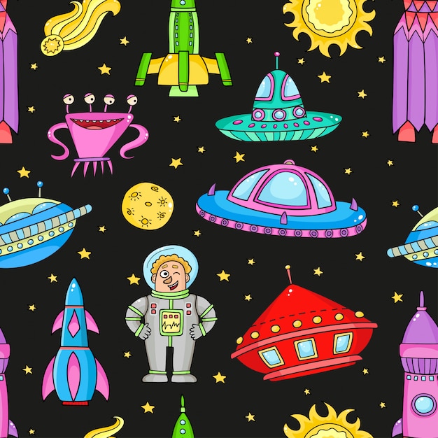 Naadloos patroon met ruimteobjecten ufo, raketten, aliens. handgetekende elementen in de ruimte Premium Vector