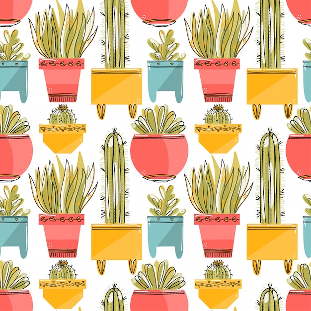 Naadloos patroon met succulent en cactussen in kleurrijke potten. Premium Vector