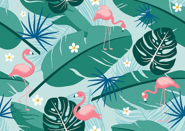 Naadloze patroon tropische zomer van bladeren en flamingo's Premium Vector