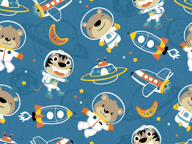 Naadloze patroon van grappige astronaut in de ruimte, ruimtevervoer Premium Vector