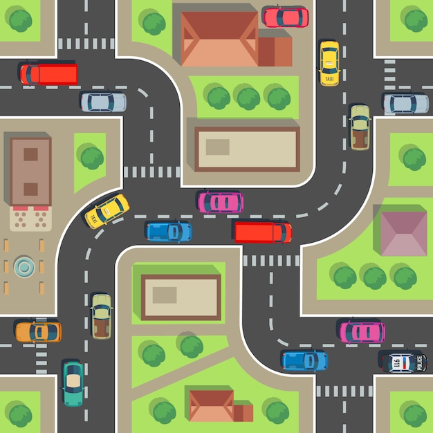 Naadloze stadsplattegrond. bovenaanzicht gebouw en straat met auto's en vrachtwagens. Premium Vector