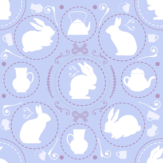 Naadloze zoete vintage patroon op violette achtergrond met konijn en theepot, wonderland thema Premium Vector