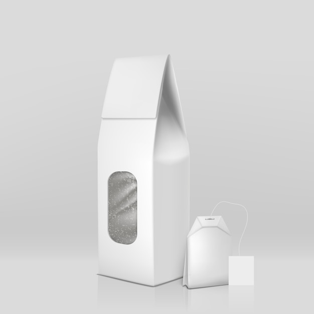 Natuurlijke zwarte thee verpakking 3d-realistisch met theezakje en blanco wit, luchtdicht verzegeld papier Gratis Vector