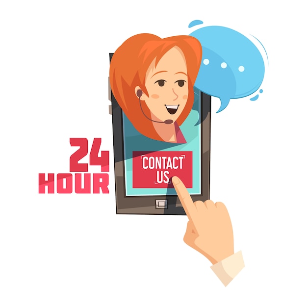 Neem contact met ons 24-uurs ontwerp met de hand op mobiel apparaat met lachende operator retro cartoon Gratis Vector