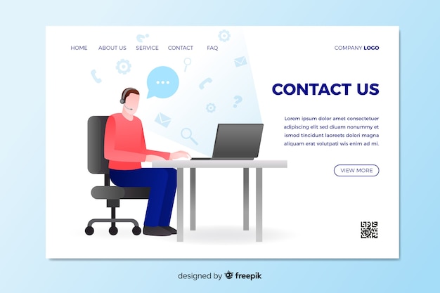 Neem contact met ons op landing page met man zittend aan een bureau Gratis Vector