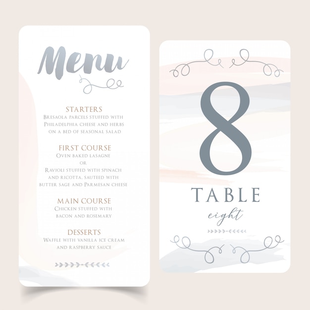 Neutrale aquarel bruiloft menu met tabel nummerkaart Premium Vector