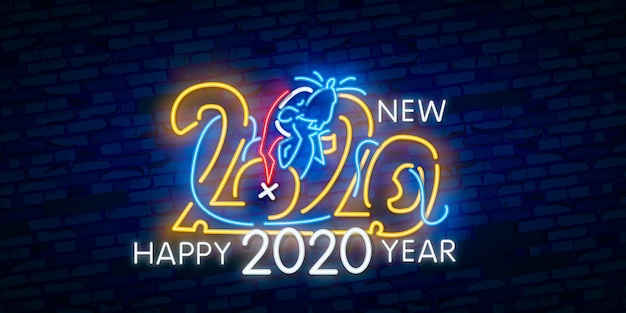 Nieuwjaar neonreclame. stuk kaas met tweeduizendentwintig nummers en rat op bakstenen achtergrond. vectorillustratie in neonstijl voor kerstmisbanners Premium Vector