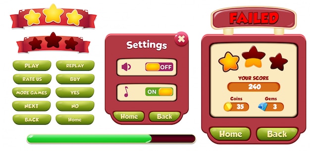 Niveau mislukt en menu instellingen pop-upscherm met sterren en knop Premium Vector