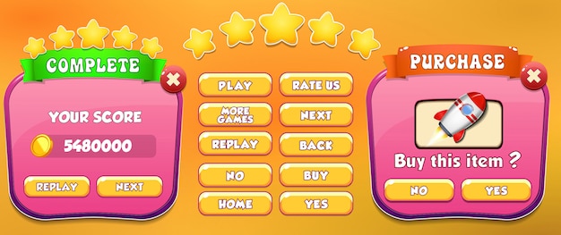 Niveau voltooid en pop-upmenu voor aankoopmenu met sterren en knop Premium Vector