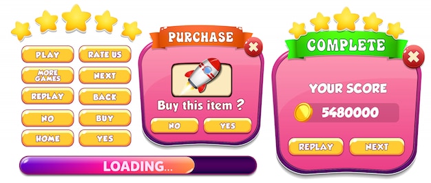 Niveau voltooid en pop-upmenu voor aankoopmenu met sterren en knop Premium Vector