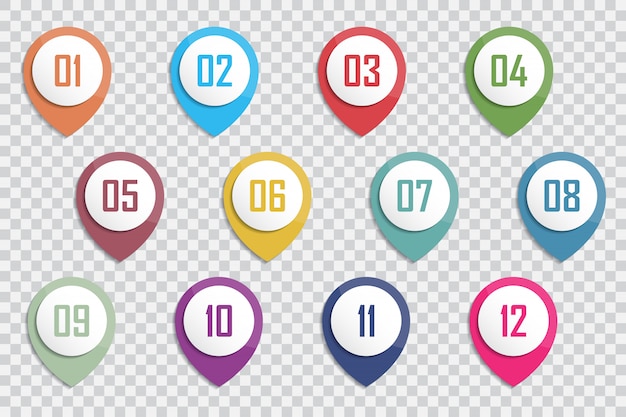 Nummer bullet point kleurrijke 3d markers 1 tot 12 vector Premium Vector