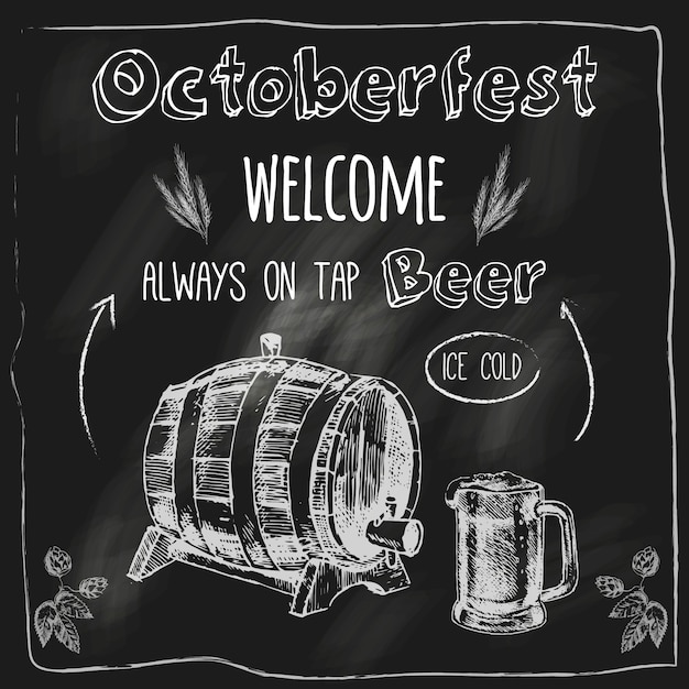 Octoberfest het ijskoude verse eiken vat van het vataroma met vrije snacks die bordschets vectorillustratie adverteren Premium Vector