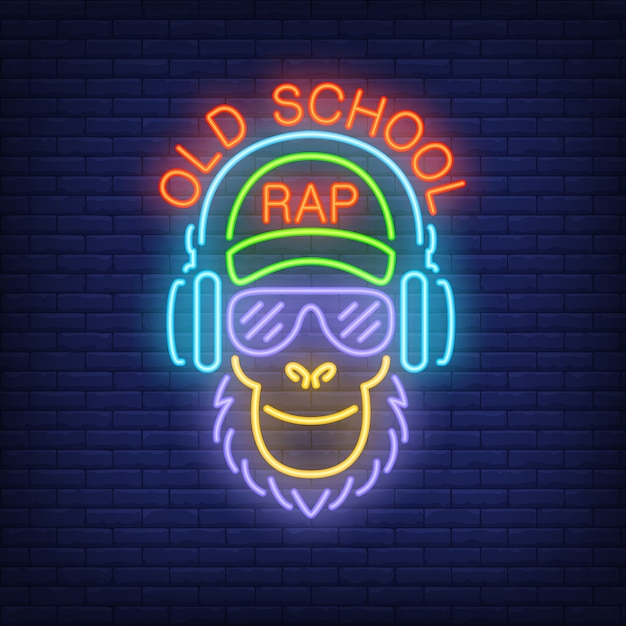 Old school rap neon tekst en coole aap in glazen en koptelefoon