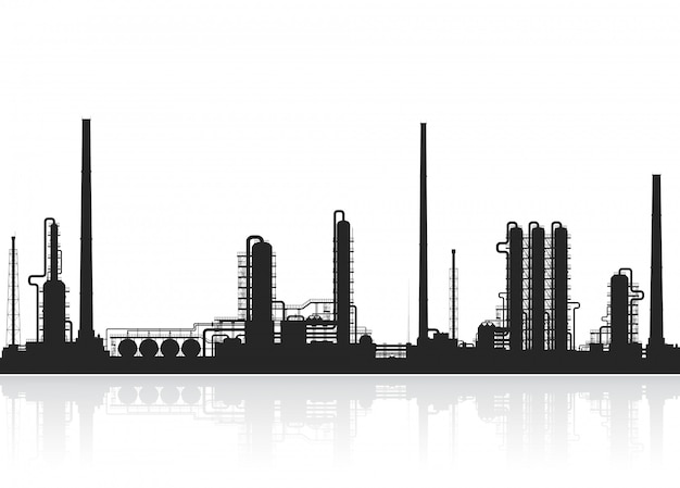 Olieraffinaderij of chemische fabriekssilhouet. Premium Vector
