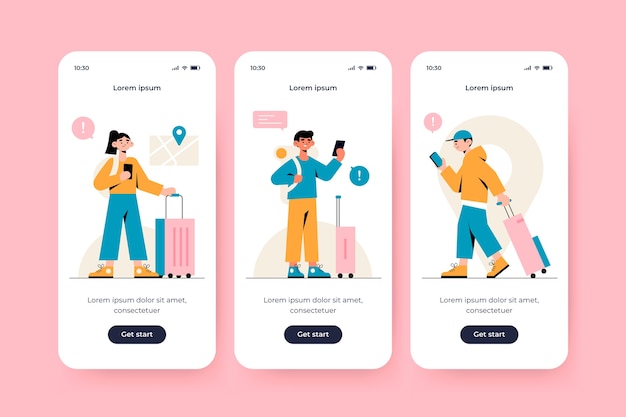 Onboarding app-scherm voor reizen Gratis Vector