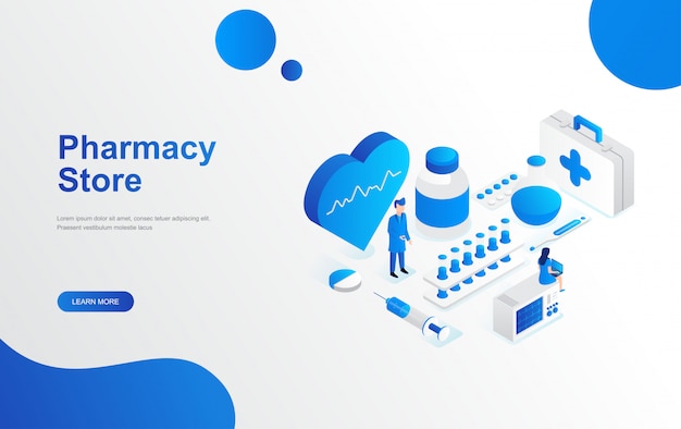 Online apotheek winkelconcept vlak isometrisch ontwerp Premium Vector