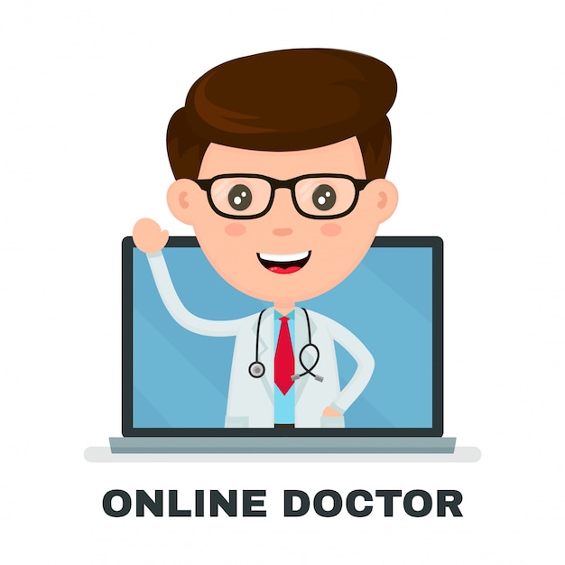 Online arts in uw computerservice. platte cartoon karakter illustratie pictogram ontwerp. Premium Vector